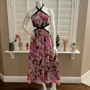 Lulus Destined for Attention Pink Floral Cutout Halter Midi Dress